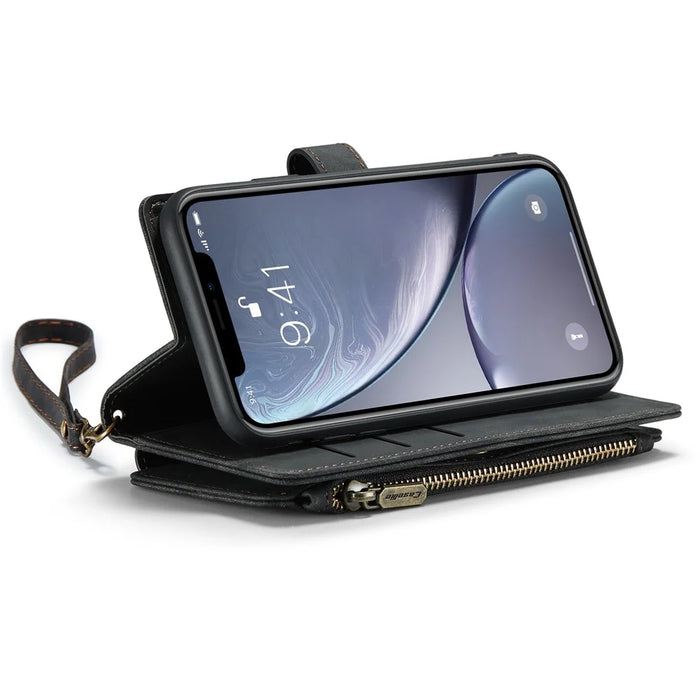 For iPhone XR Phone Cases with Strap CASEME C30 Zipper Multiple Card Holder PU Leather Cover - Black - 2