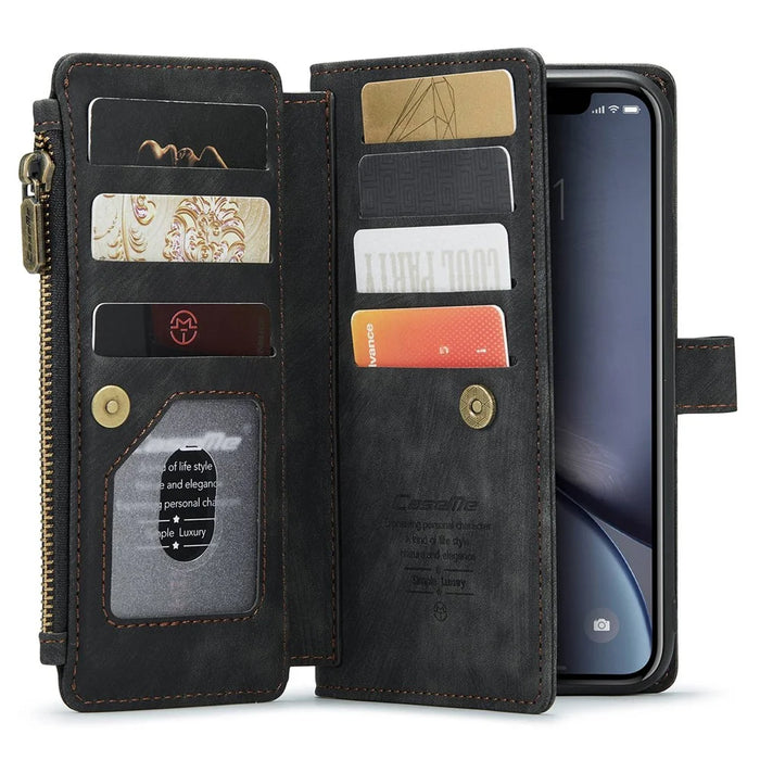 For iPhone XR Phone Cases with Strap CASEME C30 Zipper Multiple Card Holder PU Leather Cover - Black - 3