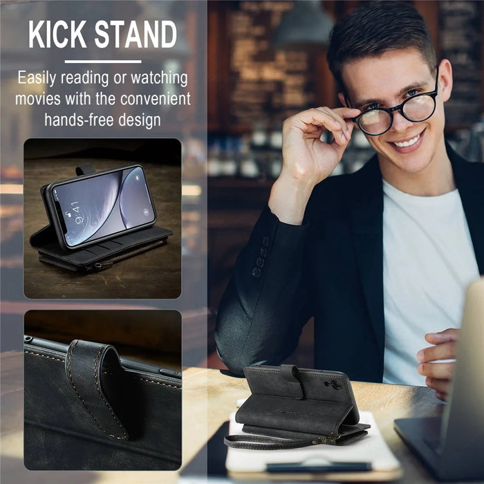 For iPhone XR Phone Cases with Strap CASEME C30 Zipper Multiple Card Holder PU Leather Cover - Black - 7