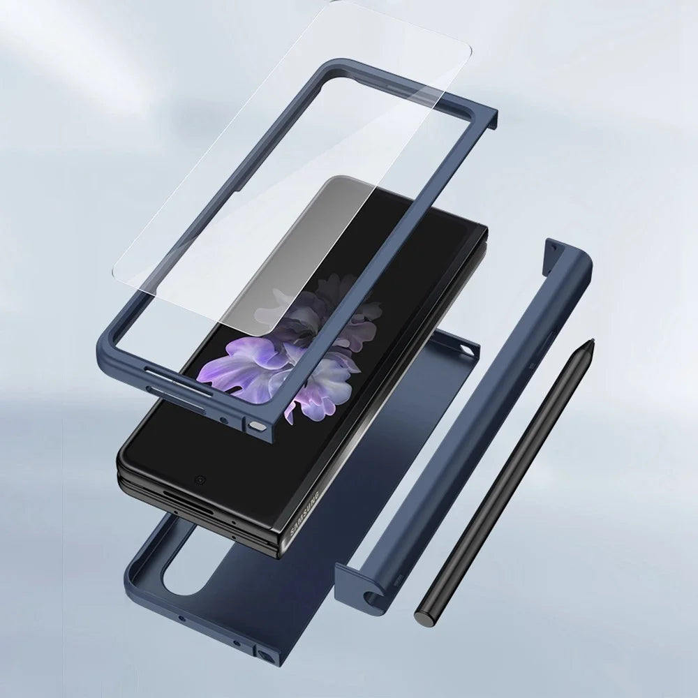 For Samsung Galaxy Z Fold4 5G Pen Slot Side Hinge Folding Phone Case Rubberized Hard PC Cover with Tempered Glass Screen Protector - Blue - 2