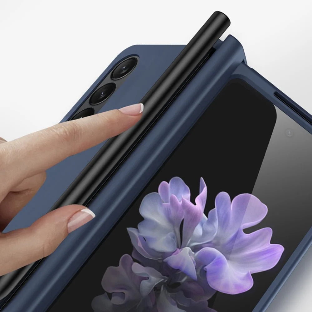 For Samsung Galaxy Z Fold4 5G Pen Slot Side Hinge Folding Phone Case Rubberized Hard PC Cover with Tempered Glass Screen Protector - Blue - 3