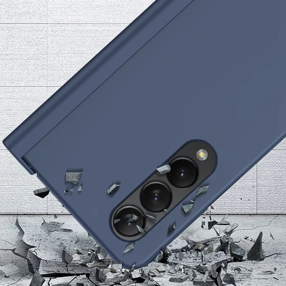 For Samsung Galaxy Z Fold4 5G Pen Slot Side Hinge Folding Phone Case Rubberized Hard PC Cover with Tempered Glass Screen Protector - Blue - 4