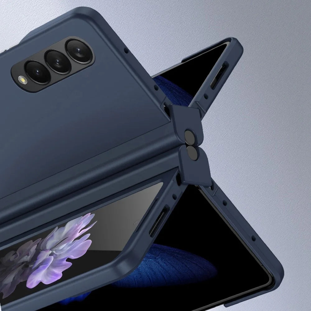 For Samsung Galaxy Z Fold4 5G Pen Slot Side Hinge Folding Phone Case Rubberized Hard PC Cover with Tempered Glass Screen Protector - Blue - 6