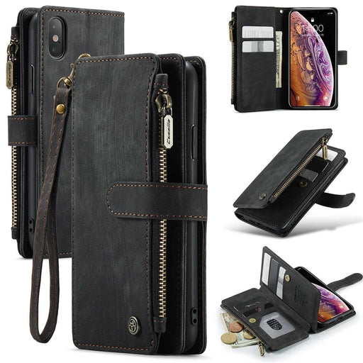 For iPhone X / XS Phone Cases with Strap CASEME C30 Zipper Multiple Card Holder PU Leather Cover - Black - 1