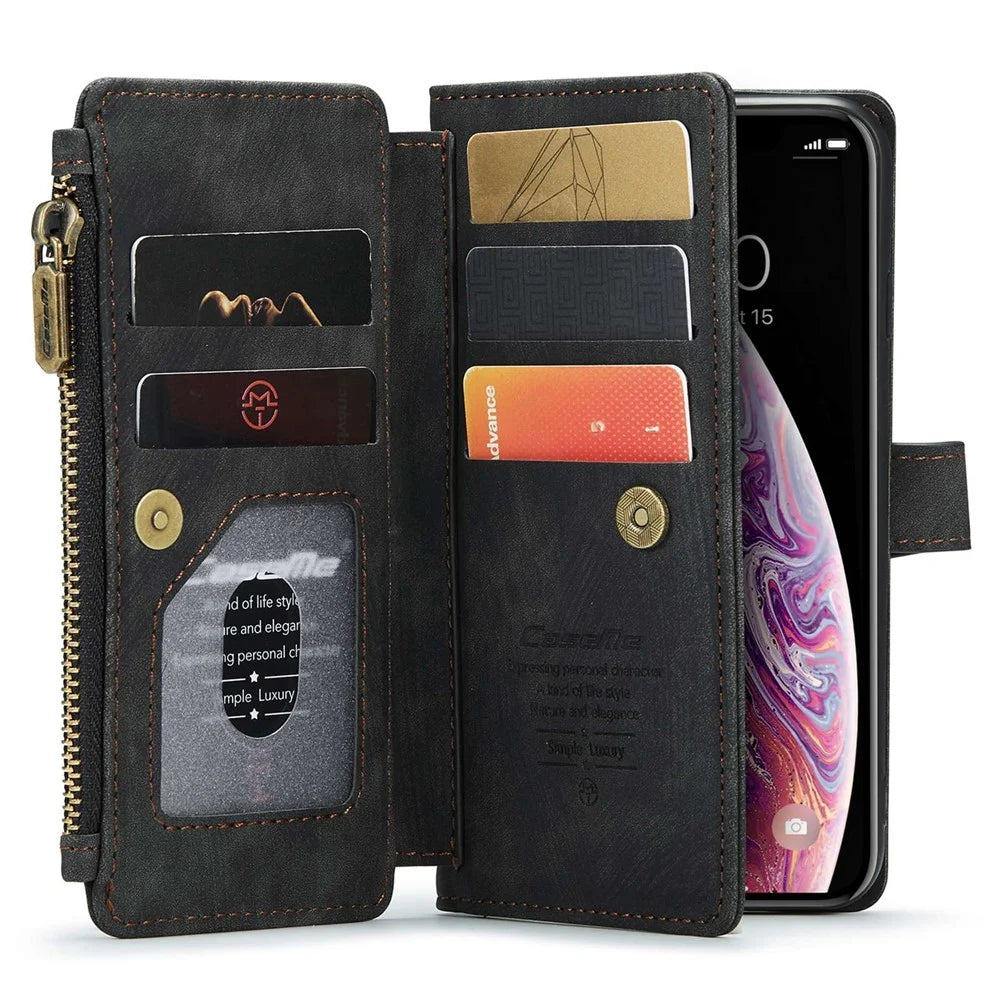For iPhone X / XS Phone Cases with Strap CASEME C30 Zipper Multiple Card Holder PU Leather Cover - Black - 3