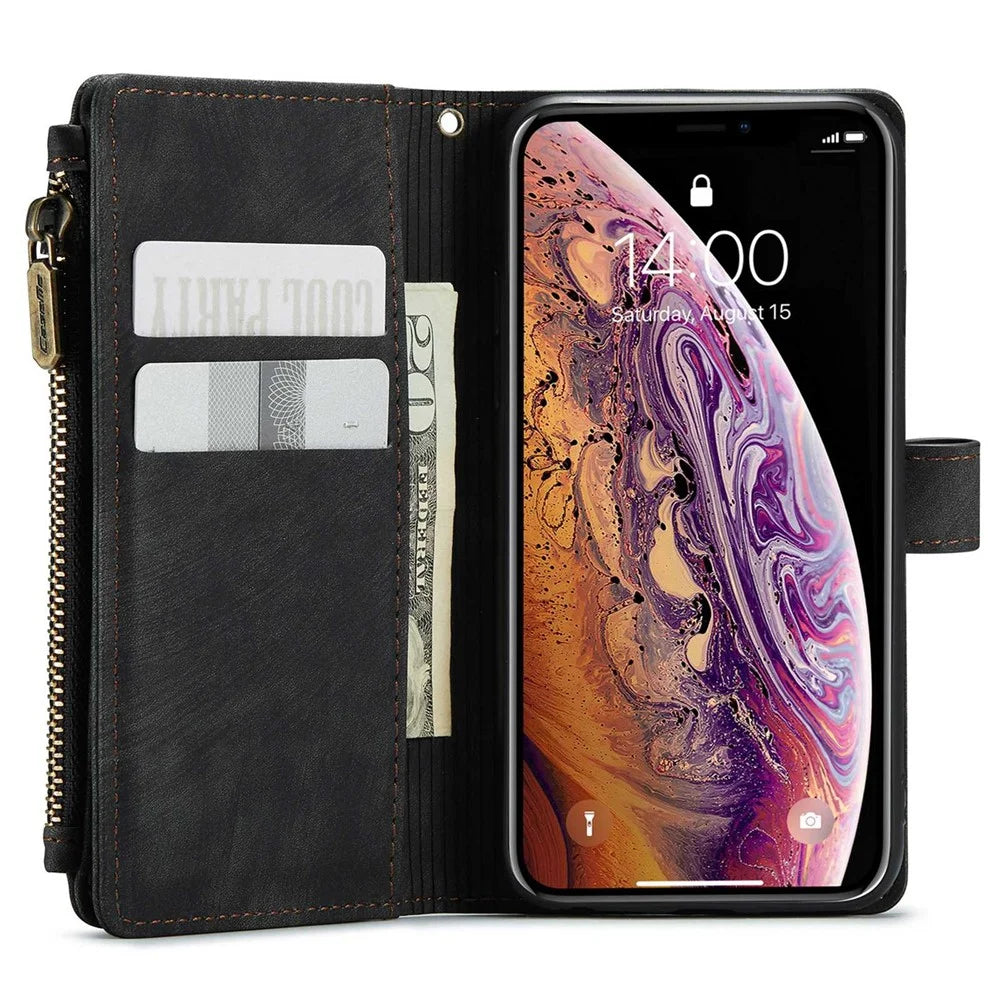 For iPhone X / XS Phone Cases with Strap CASEME C30 Zipper Multiple Card Holder PU Leather Cover - Black - 4