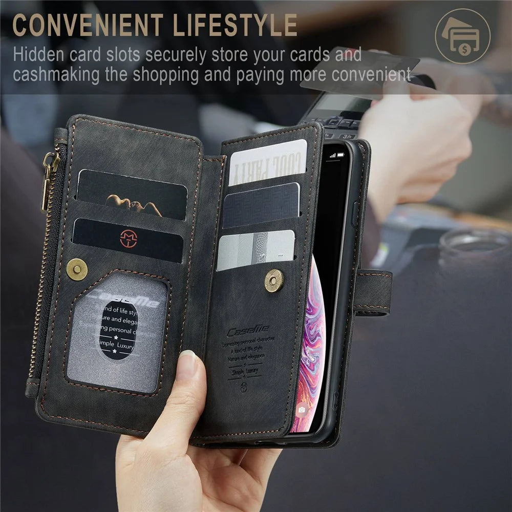 For iPhone X / XS Phone Cases with Strap CASEME C30 Zipper Multiple Card Holder PU Leather Cover - Black - 5
