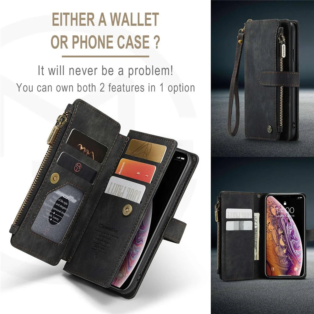 For iPhone X / XS Phone Cases with Strap CASEME C30 Zipper Multiple Card Holder PU Leather Cover - Black - 6