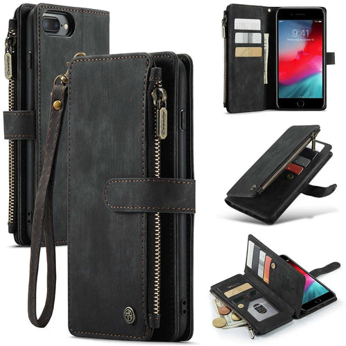For iPhone 6 Plus / 6s Plus / 7 Plus / 8 Plus Phone Cases with Strap CASEME C30 Zipper Multiple Card Holder PU Leather Cover - Black - 1