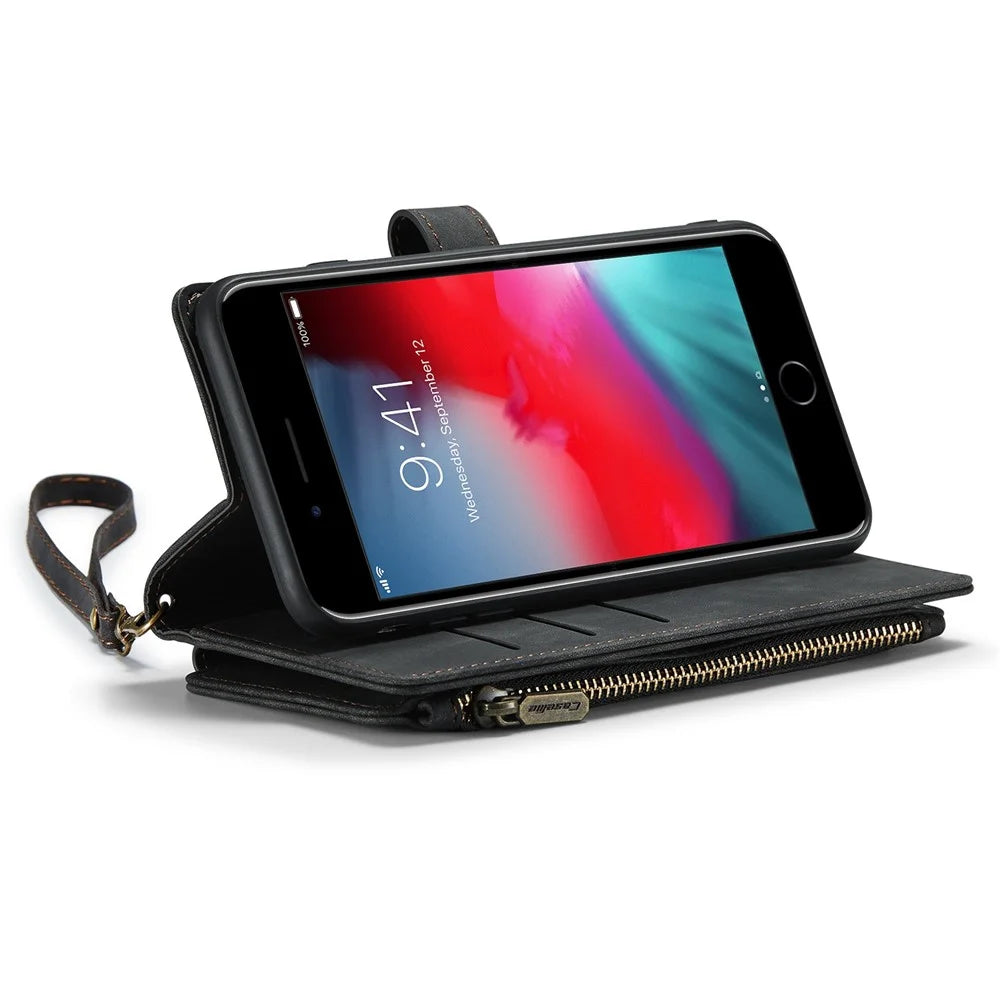 For iPhone 6 Plus / 6s Plus / 7 Plus / 8 Plus Phone Cases with Strap CASEME C30 Zipper Multiple Card Holder PU Leather Cover - Black - 2