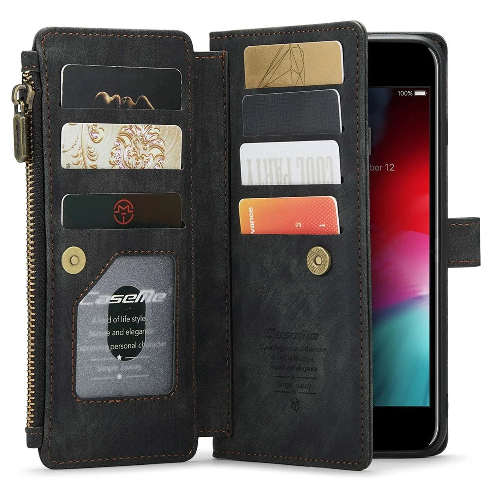 For iPhone 6 Plus / 6s Plus / 7 Plus / 8 Plus Phone Cases with Strap CASEME C30 Zipper Multiple Card Holder PU Leather Cover - Black - 3