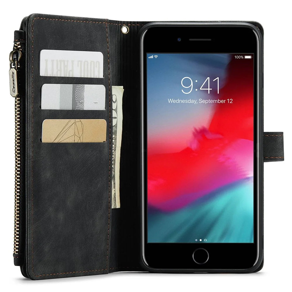 For iPhone 6 Plus / 6s Plus / 7 Plus / 8 Plus Phone Cases with Strap CASEME C30 Zipper Multiple Card Holder PU Leather Cover - Black - 4