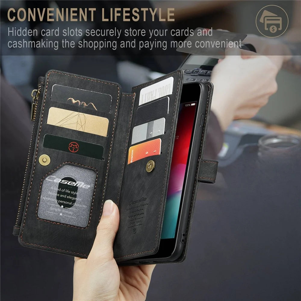 For iPhone 6 Plus / 6s Plus / 7 Plus / 8 Plus Phone Cases with Strap CASEME C30 Zipper Multiple Card Holder PU Leather Cover - Black - 5