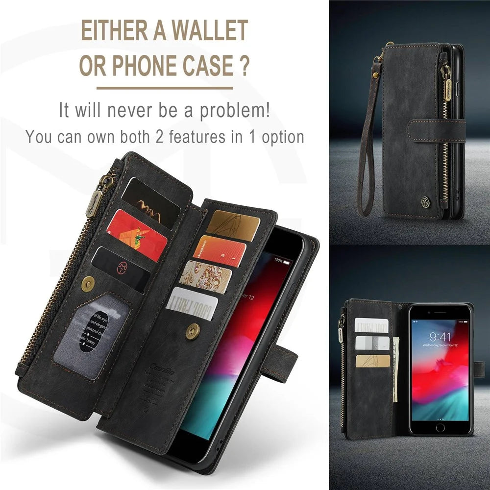 For iPhone 6 Plus / 6s Plus / 7 Plus / 8 Plus Phone Cases with Strap CASEME C30 Zipper Multiple Card Holder PU Leather Cover - Black - 6