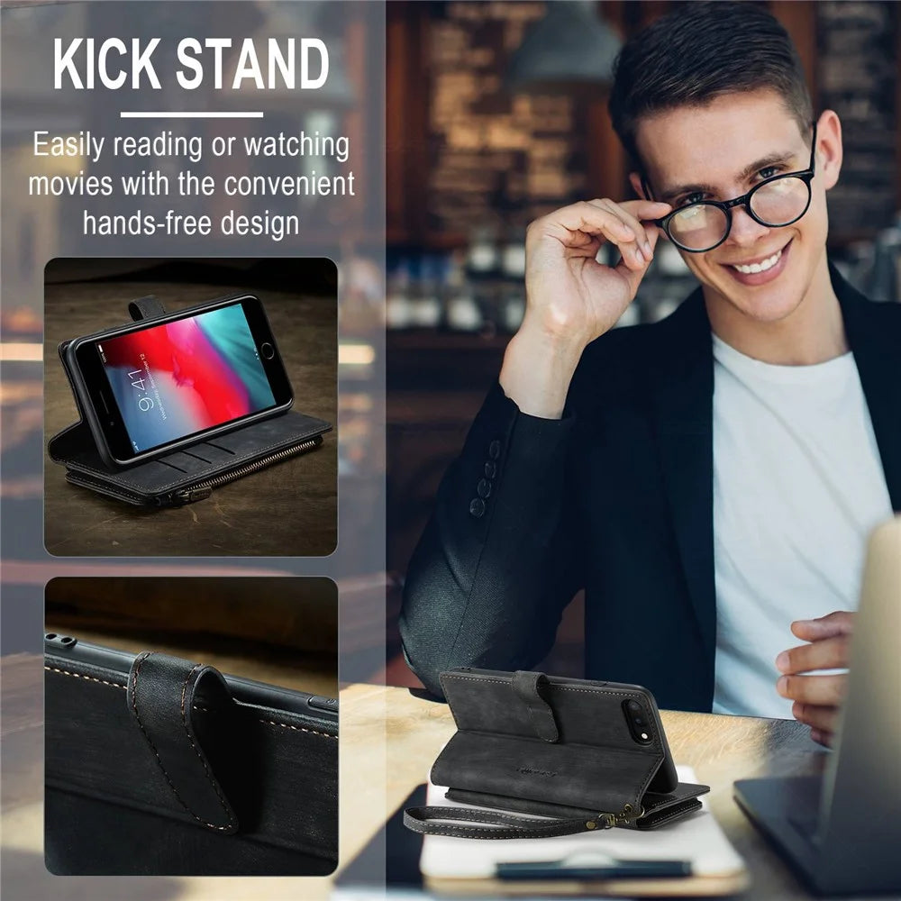 For iPhone 6 Plus / 6s Plus / 7 Plus / 8 Plus Phone Cases with Strap CASEME C30 Zipper Multiple Card Holder PU Leather Cover - Black - 7