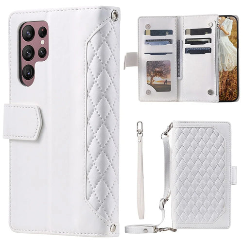 005 Style For Samsung Galaxy S22 Ultra 5G, Shockproof Phone Wallet Cover Zipper Pocket Anti-wear Case Rhombus Texture PU Leather Shell Stand with Strap Card Holder - White - 1