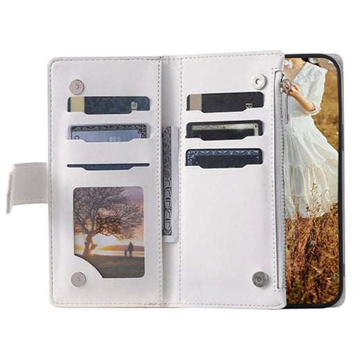 005 Style For Samsung Galaxy S22 Ultra 5G, Shockproof Phone Wallet Cover Zipper Pocket Anti-wear Case Rhombus Texture PU Leather Shell Stand with Strap Card Holder - White - 2
