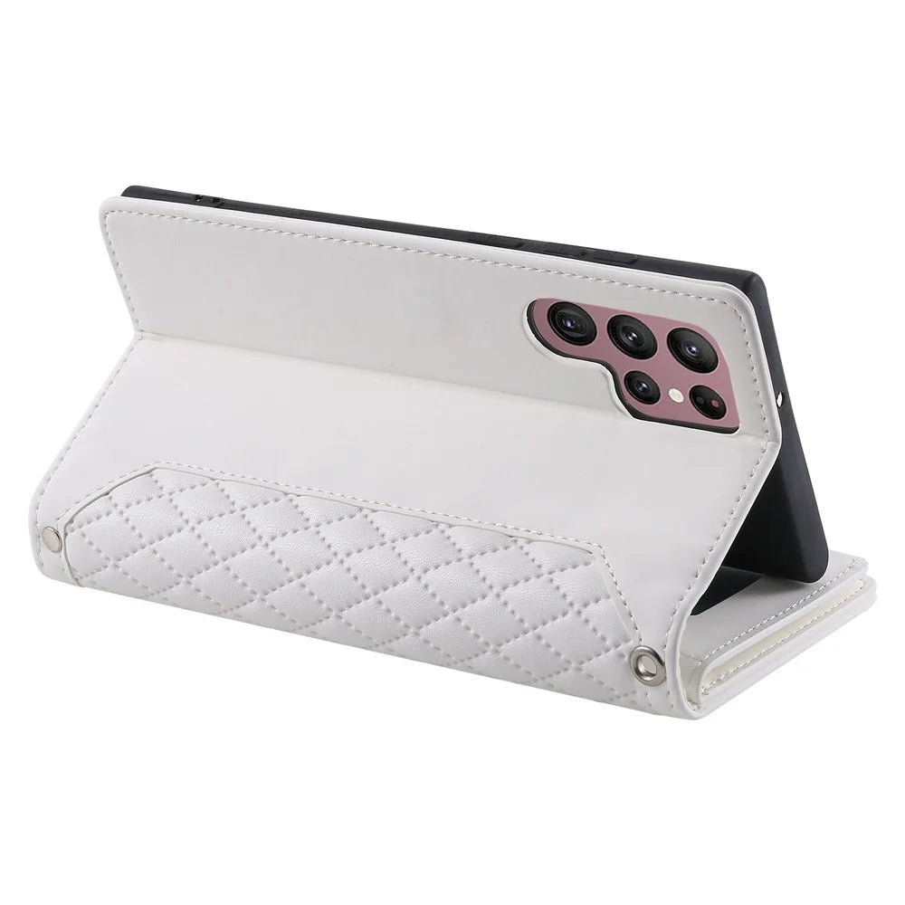 005 Style For Samsung Galaxy S22 Ultra 5G, Shockproof Phone Wallet Cover Zipper Pocket Anti-wear Case Rhombus Texture PU Leather Shell Stand with Strap Card Holder - White - 3