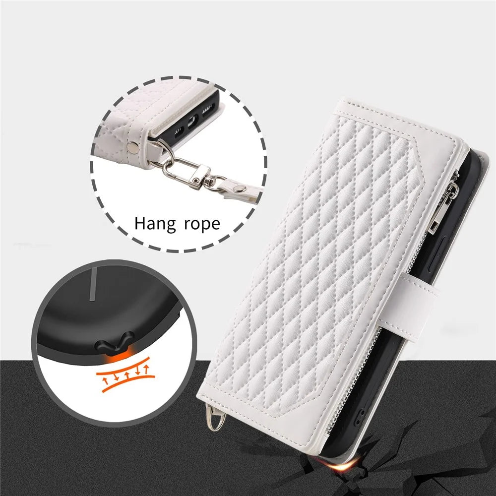 005 Style For Samsung Galaxy S22 Ultra 5G, Shockproof Phone Wallet Cover Zipper Pocket Anti-wear Case Rhombus Texture PU Leather Shell Stand with Strap Card Holder - White - 6