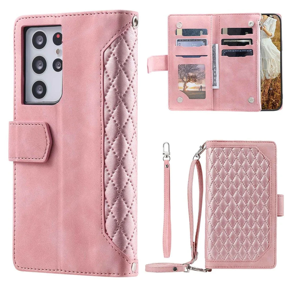 005 Style For Samsung Galaxy S21 Ultra 5G, Full Protection Phone Wallet Cover Zipper Pocket Case Rhombus Texture PU Leather Shell Stand with Strap Card Holder - Pink - 1