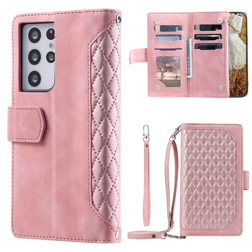 005 Style For Samsung Galaxy S21 Ultra 5G, Full Protection Phone Wallet Cover Zipper Pocket Case Rhombus Texture PU Leather Shell Stand with Strap Card Holder - Pink - 1