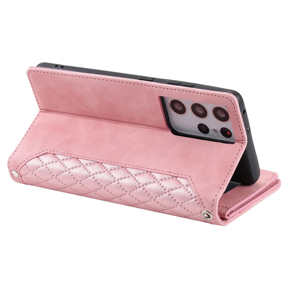 005 Style For Samsung Galaxy S21 Ultra 5G, Full Protection Phone Wallet Cover Zipper Pocket Case Rhombus Texture PU Leather Shell Stand with Strap Card Holder - Pink - 3
