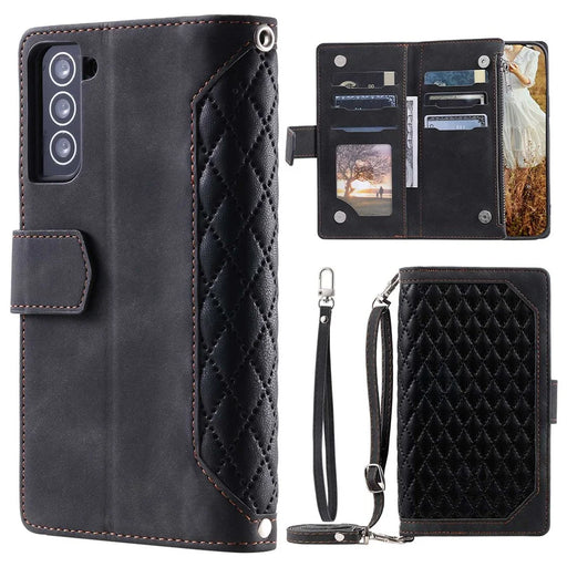 005 Style For Samsung Galaxy S21 FE 5G, Anti-scratch Zipper Pocket Phone Cover Rhombus Texture PU Leather Anti-fall Wallet Case Stand with Strap Card Holder - Black - 1