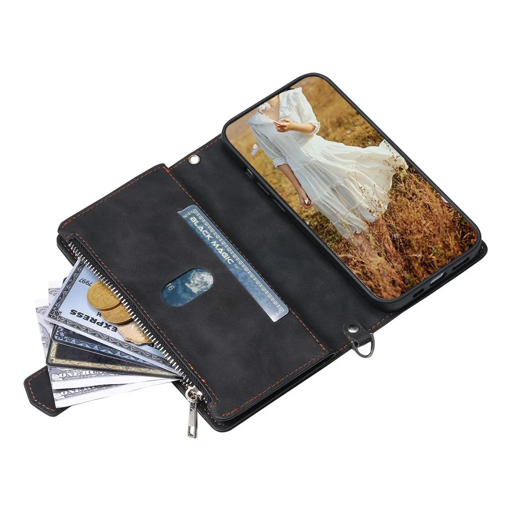 005 Style For Samsung Galaxy S21 FE 5G, Anti-scratch Zipper Pocket Phone Cover Rhombus Texture PU Leather Anti-fall Wallet Case Stand with Strap Card Holder - Black - 4