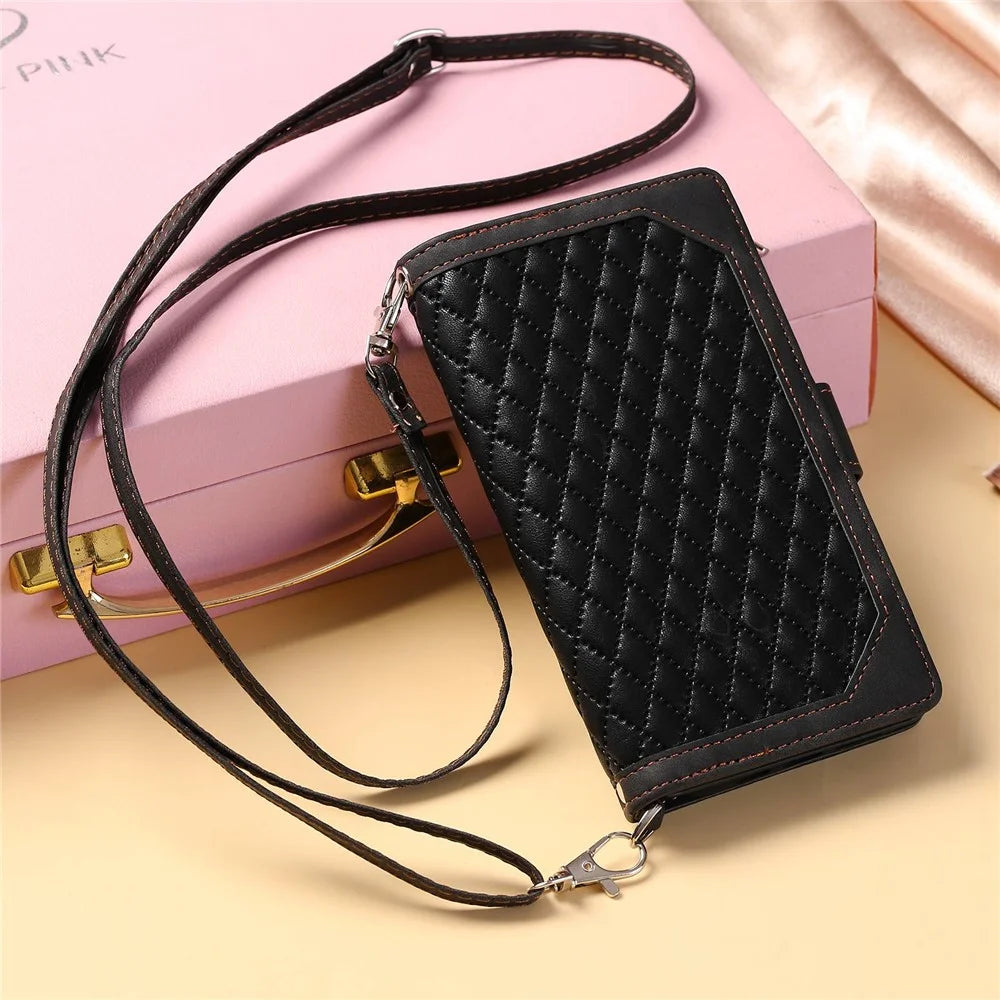 005 Style For Samsung Galaxy S21 FE 5G, Anti-scratch Zipper Pocket Phone Cover Rhombus Texture PU Leather Anti-fall Wallet Case Stand with Strap Card Holder - Black - 6