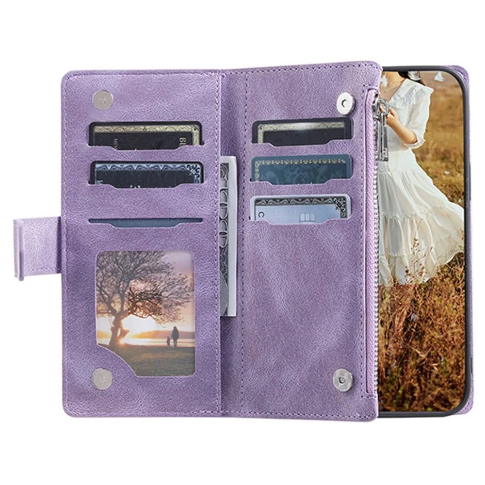 005 Style For Samsung Galaxy S22 5G, Anti-fall Rhombus Texture PU Leather Phone Case Zipper Pocket Wallet Stand Protective Phone Shell with Strap - Purple - 2