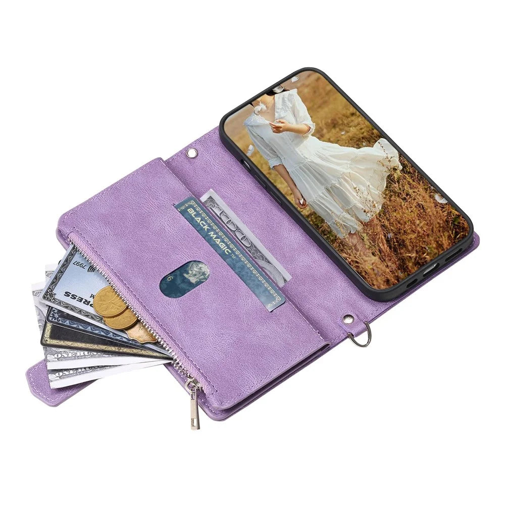005 Style For Samsung Galaxy S22 5G, Anti-fall Rhombus Texture PU Leather Phone Case Zipper Pocket Wallet Stand Protective Phone Shell with Strap - Purple - 4