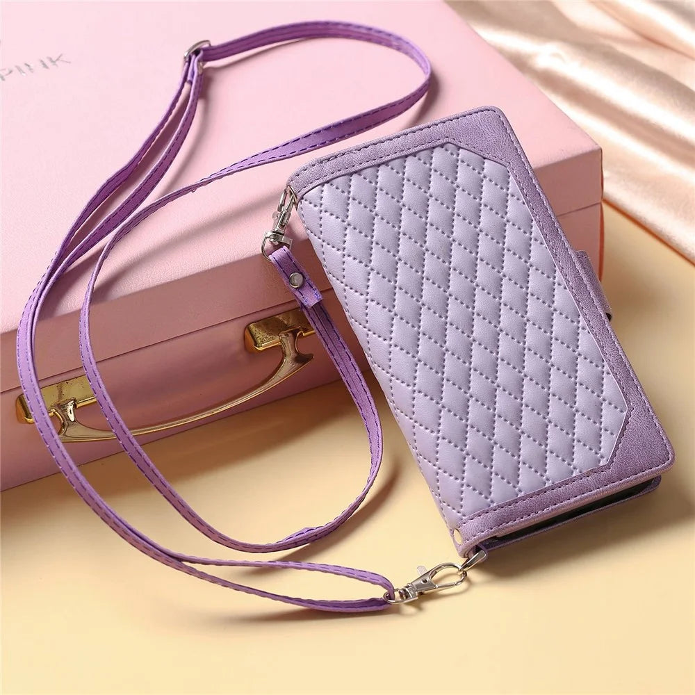 005 Style For Samsung Galaxy S22 5G, Anti-fall Rhombus Texture PU Leather Phone Case Zipper Pocket Wallet Stand Protective Phone Shell with Strap - Purple - 7
