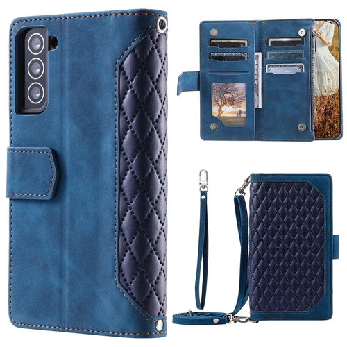 005 Style For Samsung Galaxy S22+ 5G, Anti-scratch Zipper Pocket Phone Cover Rhombus Texture PU Leather Wallet Case Stand with Strap - Blue - 1