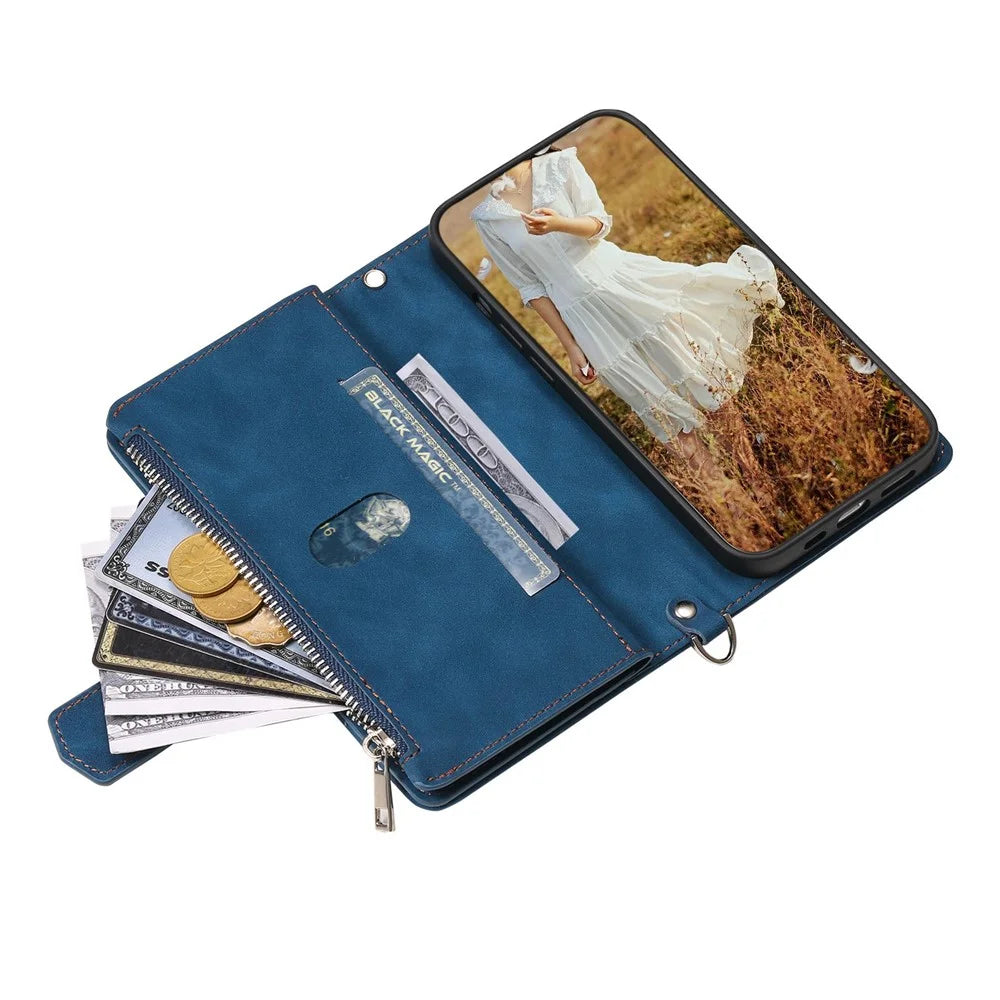 005 Style For Samsung Galaxy S22+ 5G, Anti-scratch Zipper Pocket Phone Cover Rhombus Texture PU Leather Wallet Case Stand with Strap - Blue - 4