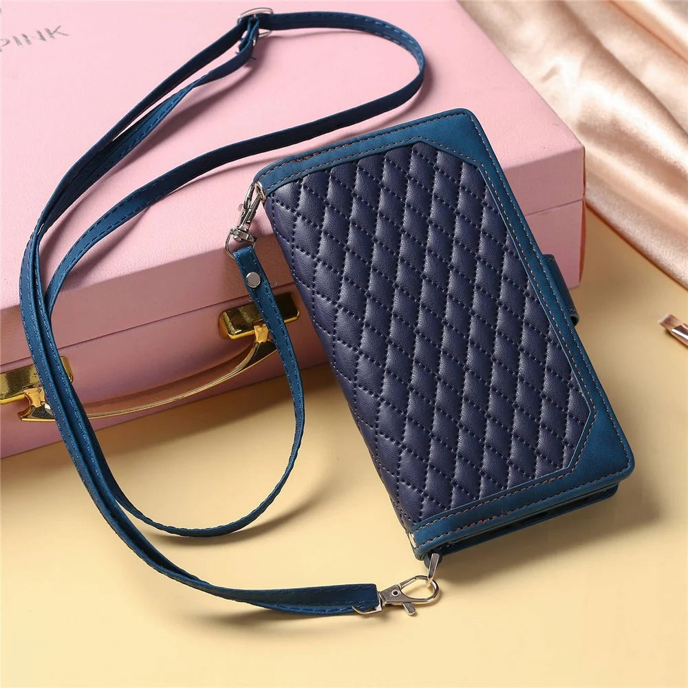 005 Style For Samsung Galaxy S22+ 5G, Anti-scratch Zipper Pocket Phone Cover Rhombus Texture PU Leather Wallet Case Stand with Strap - Blue - 7