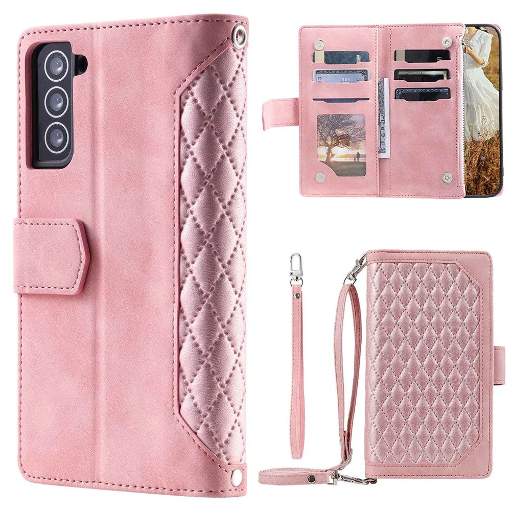 005 Style For Samsung Galaxy S21+ 5G, Drop-proof Phone Case PU Leather Rhombus Texture Zipper Pocket Wallet Cover Stand with Strap - Pink - 1