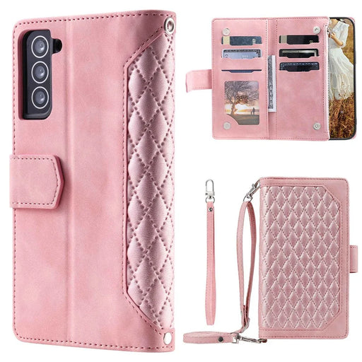 005 Style For Samsung Galaxy S21+ 5G, Drop-proof Phone Case PU Leather Rhombus Texture Zipper Pocket Wallet Cover Stand with Strap - Pink - 1
