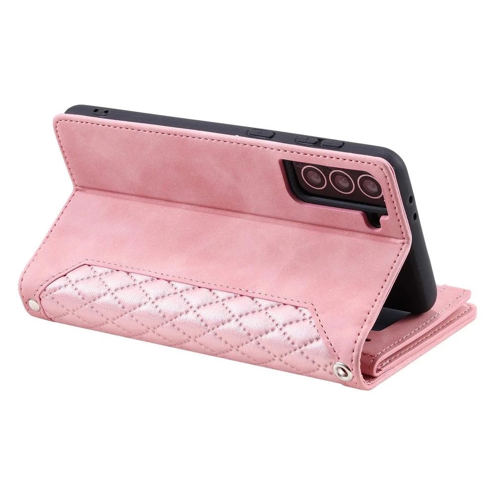 005 Style For Samsung Galaxy S21+ 5G, Drop-proof Phone Case PU Leather Rhombus Texture Zipper Pocket Wallet Cover Stand with Strap - Pink - 3