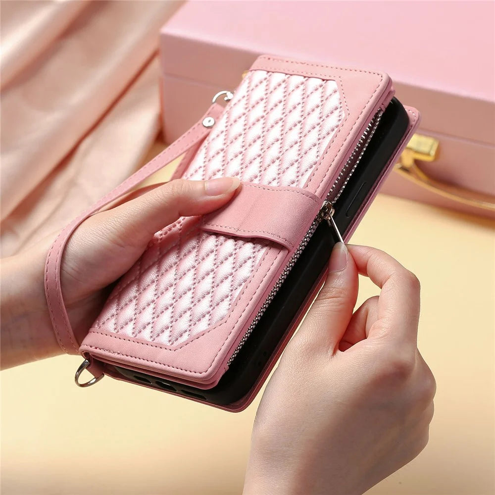 005 Style For Samsung Galaxy S21+ 5G, Drop-proof Phone Case PU Leather Rhombus Texture Zipper Pocket Wallet Cover Stand with Strap - Pink - 7