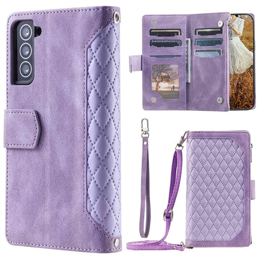 005 Style for Samsung Galaxy S21 4G / 5G, Shockproof Wallet Case Rhombus Texture Zipper Pocket PU Leather Anti-fall Phone Cover Stand - Purple - 1