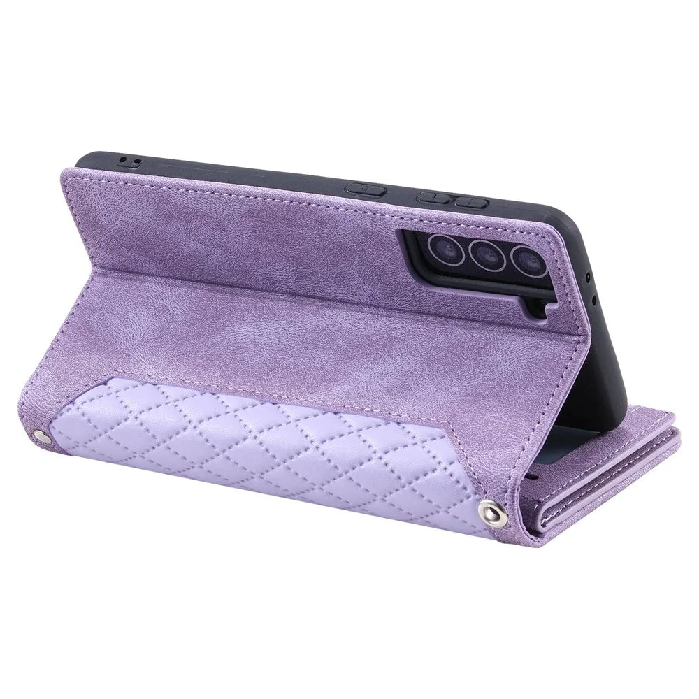 005 Style for Samsung Galaxy S21 4G / 5G, Shockproof Wallet Case Rhombus Texture Zipper Pocket PU Leather Anti-fall Phone Cover Stand - Purple - 3