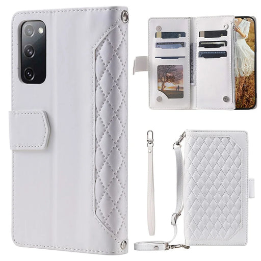 005 Style For Samsung Galaxy S20 FE 4G / 5G / S20 FE 2022 / S20 Lite, PU Leather Anti-scratch Rhombus Texture Phone Case Zipper Pocket Wallet Stand Cover with Lanyard / Strap - White - 1