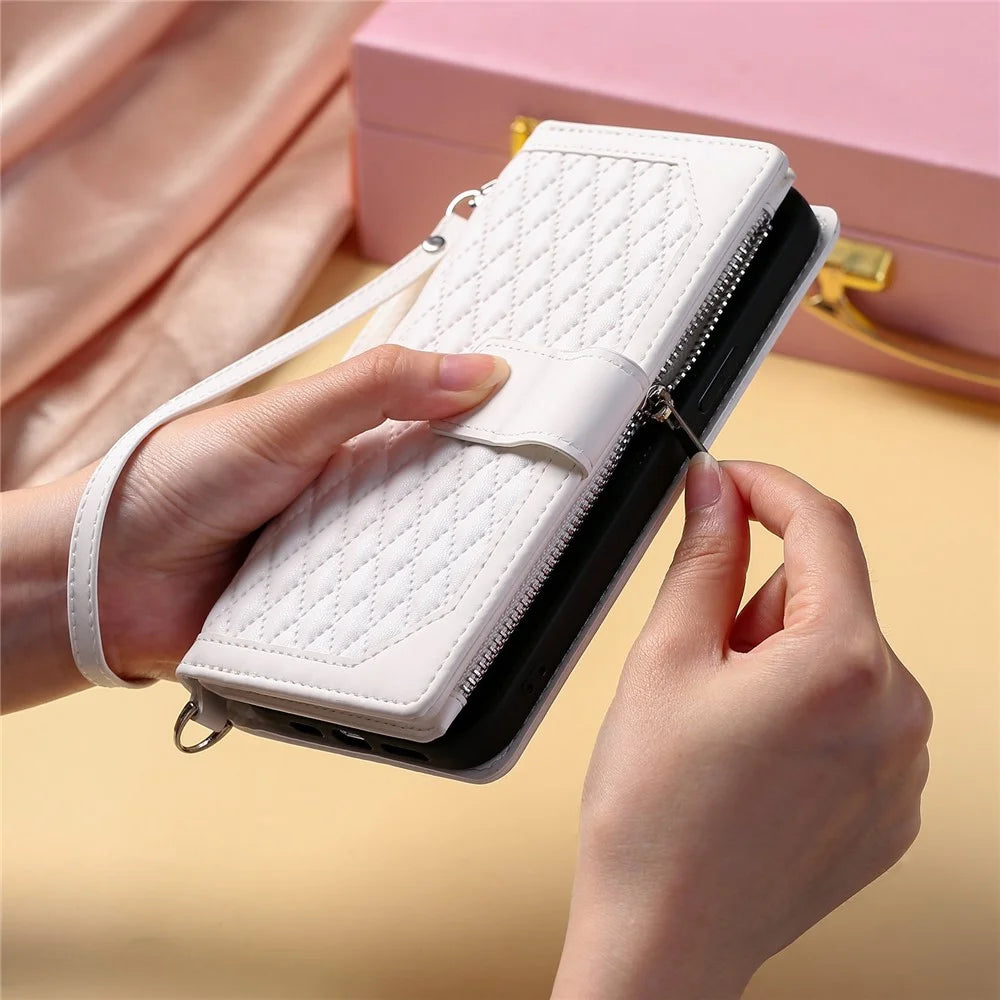 005 Style For Samsung Galaxy S20 FE 4G / 5G / S20 FE 2022 / S20 Lite, PU Leather Anti-scratch Rhombus Texture Phone Case Zipper Pocket Wallet Stand Cover with Lanyard / Strap - White - 7