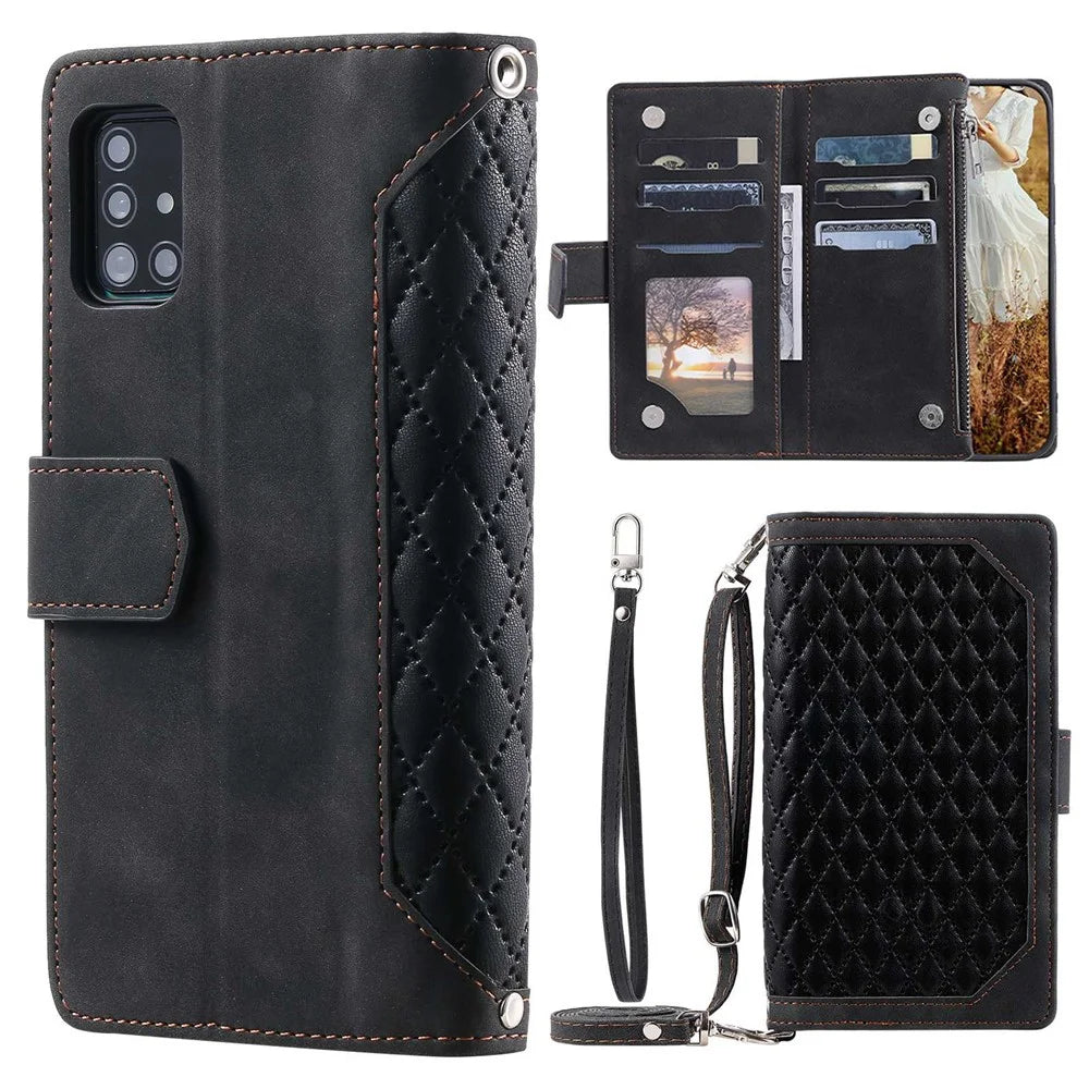 005 Style For Samsung Galaxy A71 4G SM-A715, PU Leather Anti-wear Rhombus Texture Phone Case Zipper Pocket Wallet Stand Protector with Strap - Black - 1