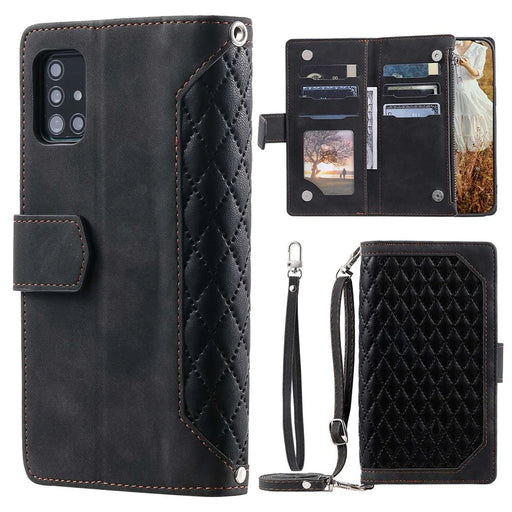 005 Style For Samsung Galaxy A71 4G SM-A715, PU Leather Anti-wear Rhombus Texture Phone Case Zipper Pocket Wallet Stand Protector with Strap - Black - 1