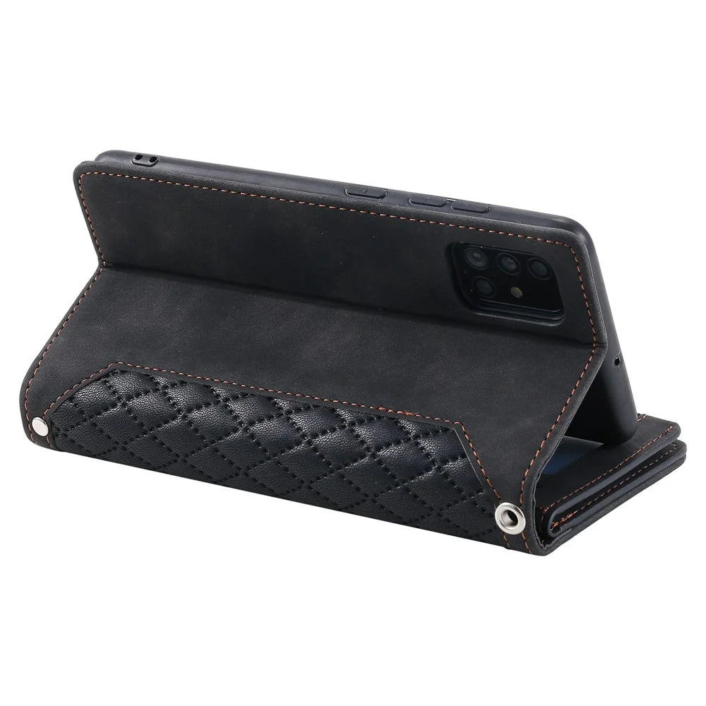 005 Style For Samsung Galaxy A71 4G SM-A715, PU Leather Anti-wear Rhombus Texture Phone Case Zipper Pocket Wallet Stand Protector with Strap - Black - 3