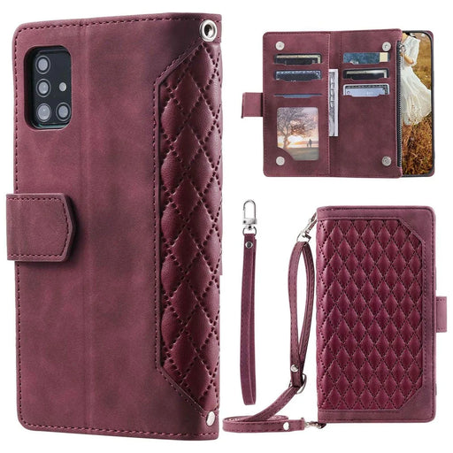 005 Style For Samsung Galaxy A51 4G SM-A515, Rhombus Texture Wallet Style PU Leather Phone Case Zipper Pocket Stand Feature Shell with Strap - Wine Red - 1
