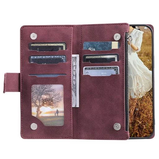 005 Style For Samsung Galaxy A51 4G SM-A515, Rhombus Texture Wallet Style PU Leather Phone Case Zipper Pocket Stand Feature Shell with Strap - Wine Red - 2