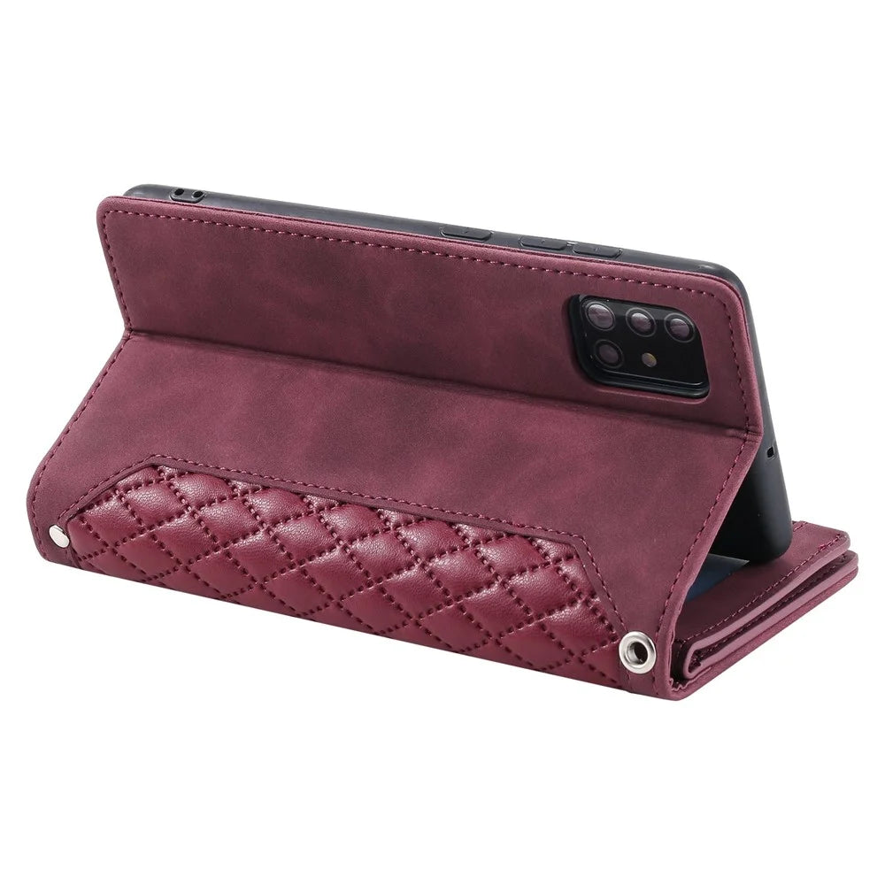 005 Style For Samsung Galaxy A51 4G SM-A515, Rhombus Texture Wallet Style PU Leather Phone Case Zipper Pocket Stand Feature Shell with Strap - Wine Red - 3
