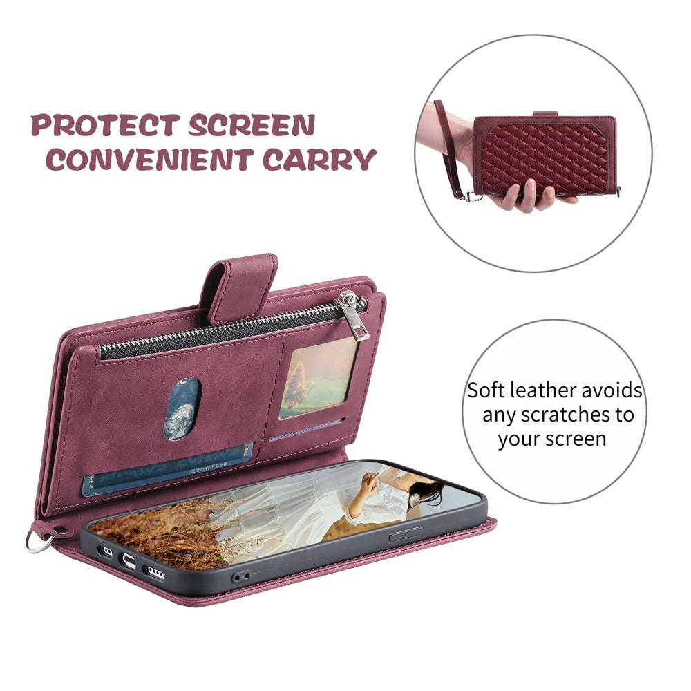 005 Style For Samsung Galaxy A51 4G SM-A515, Rhombus Texture Wallet Style PU Leather Phone Case Zipper Pocket Stand Feature Shell with Strap - Wine Red - 6